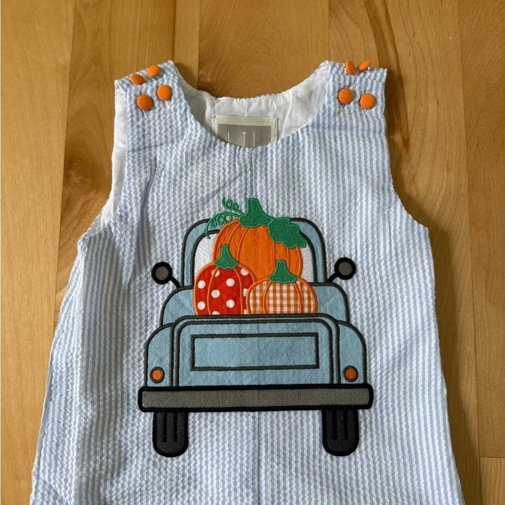 Lil Cactus Boys Fall Seersucker Romper Blue White 12-18 mo Fall Pumpkin Truck